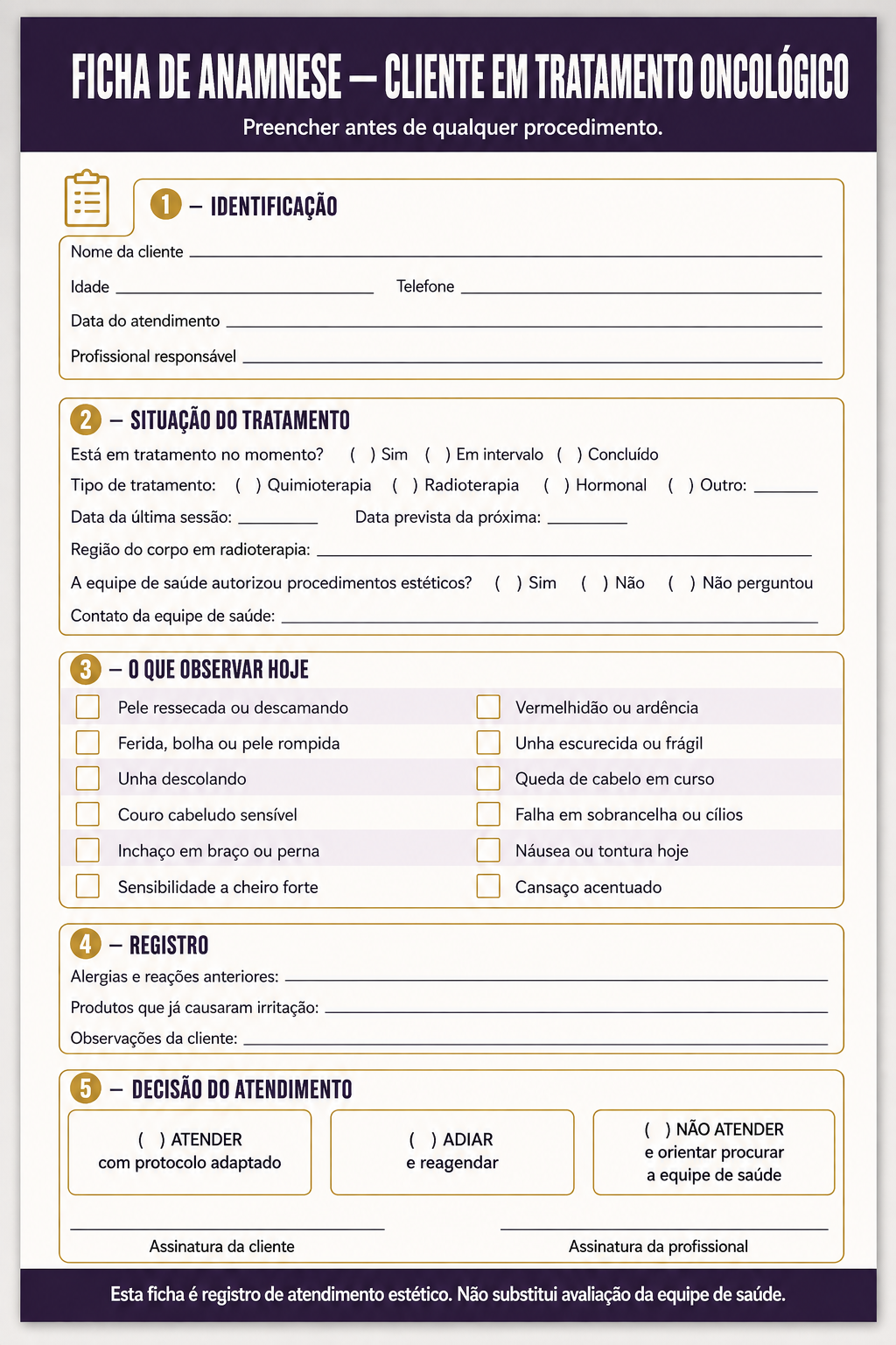 Ficha de anamnese para cliente em tratamento oncológico