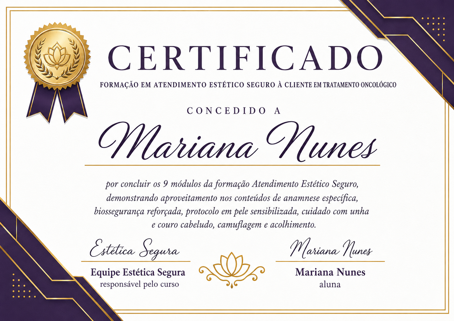 Certificado da formação em atendimento estético seguro à cliente em tratamento oncológico